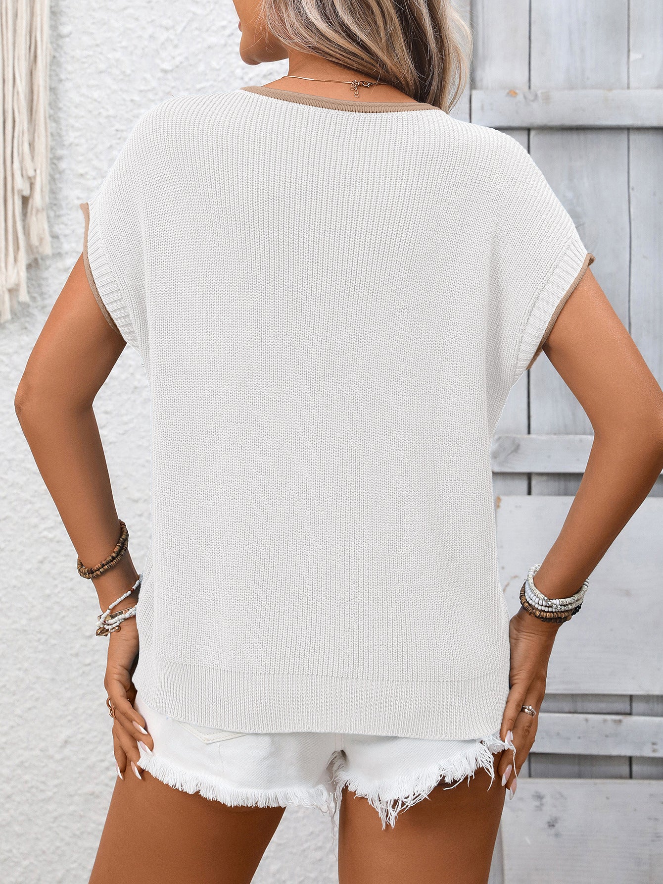 Contrast Trim Round Neck Short Sleeve Knit Casual Top