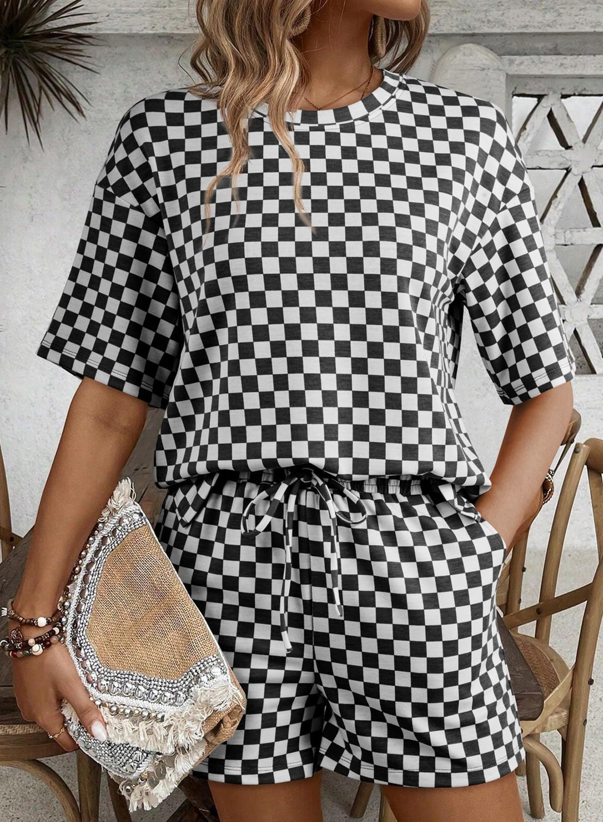 Women's Checkerboard Lounge Set Drawstring Shorts Casual