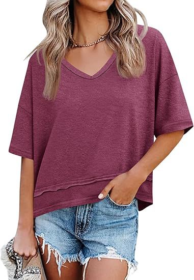 Oversized V Neck Tee Cotton Blend Loose Casual Top