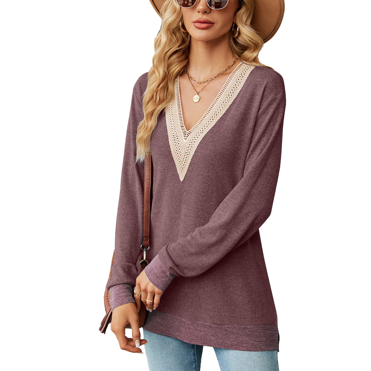 Lace V Neck Color Block Long Sleeve Tunic Top Side Split