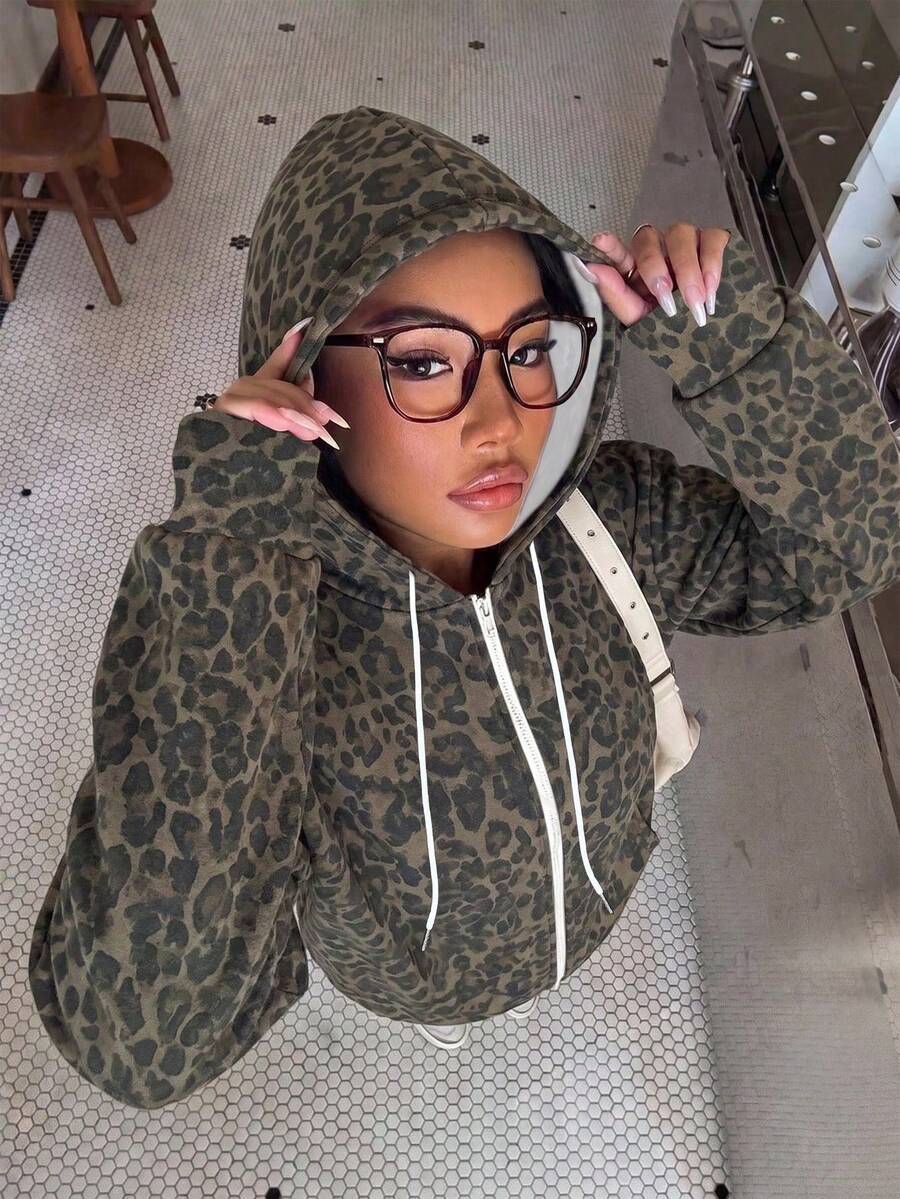 Women's Leopard Print Zip Up Fleece Hoodie Jacket