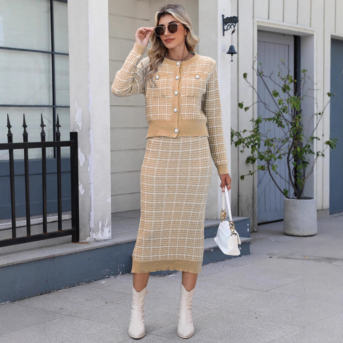Women's Tweed Knit Cardigan & Skirt Two Piece Set