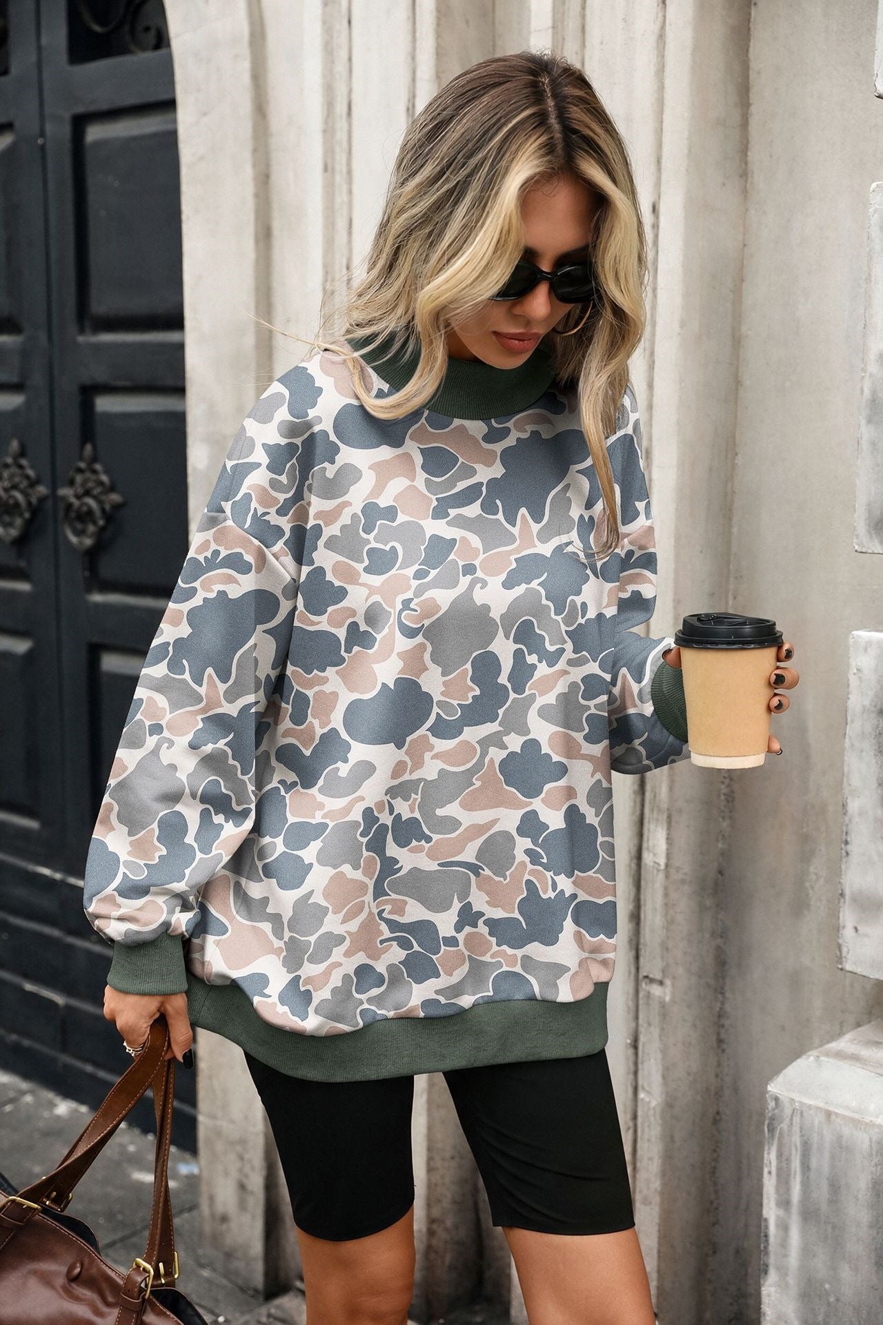 Camo Print Oversized Crew Neck Pullover Sweatshirt