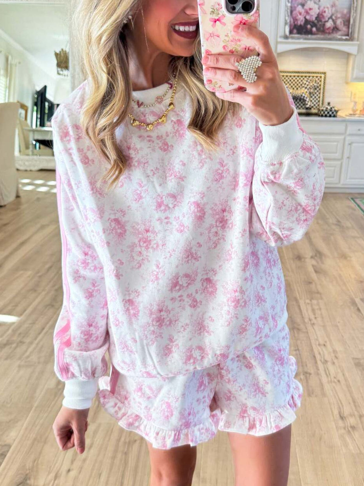 Women's Floral Sweatshirt & Ruffle Shorts Lounge Set