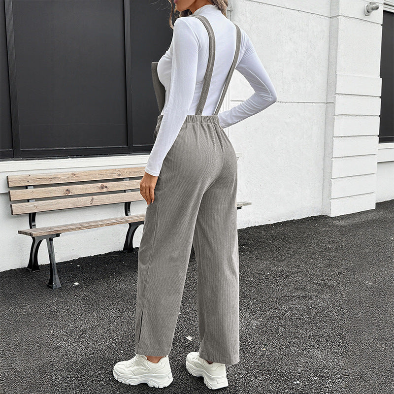 Corduroy Wide-leg Jumpsuit with Adjustable Straps