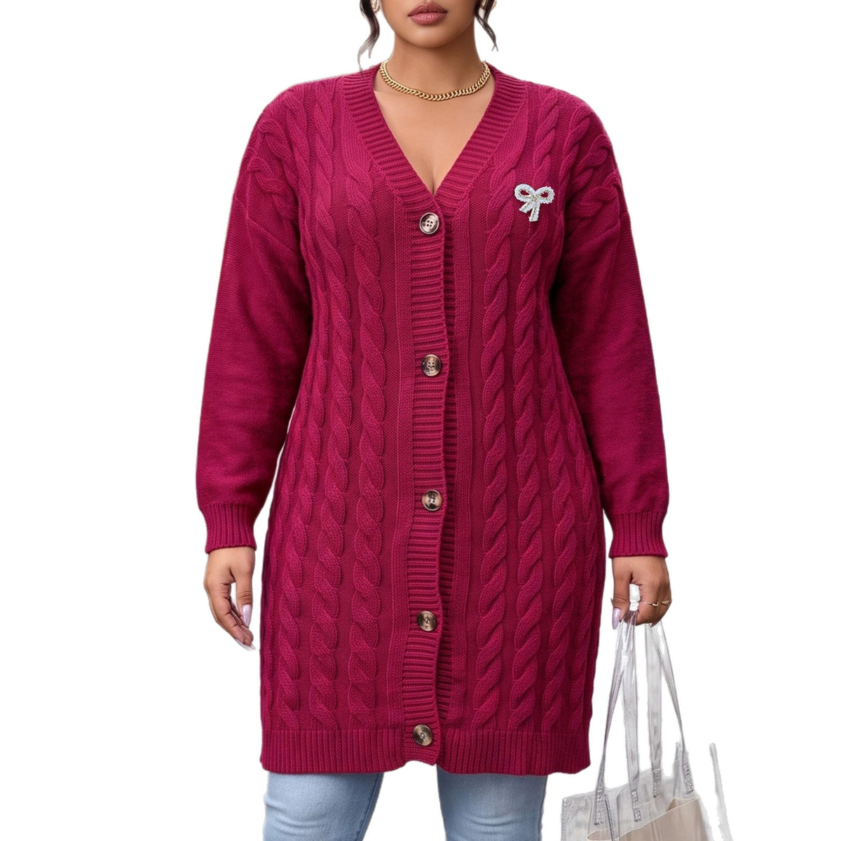 Plus Size Cable Knit Long Cardigan Rhinestone Bow Brooch