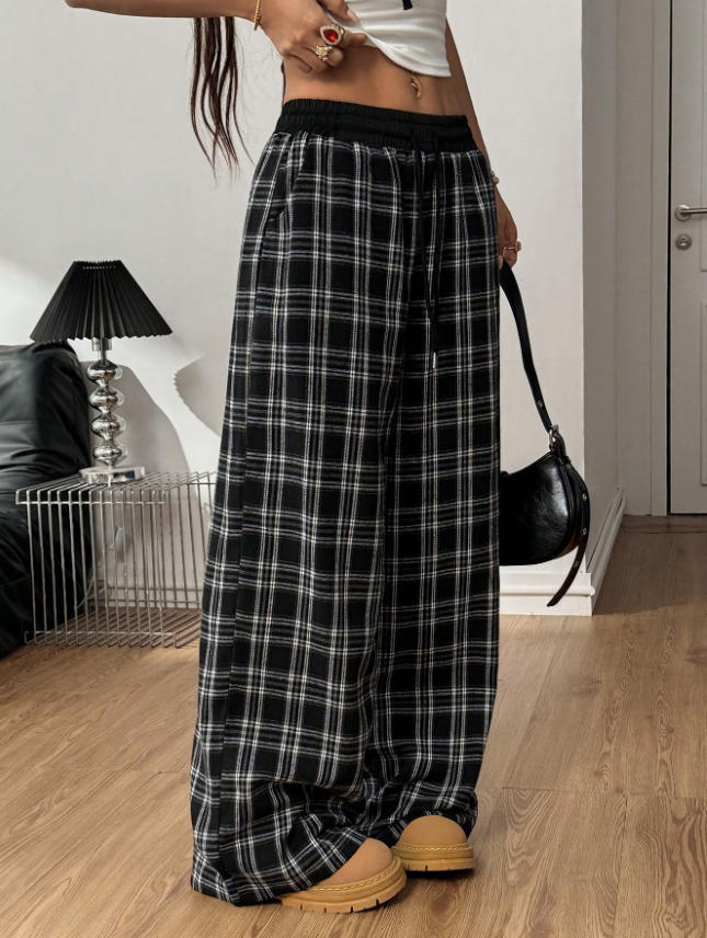 Plaid Wide Leg Pants Drawstring Elastic Waist Casual