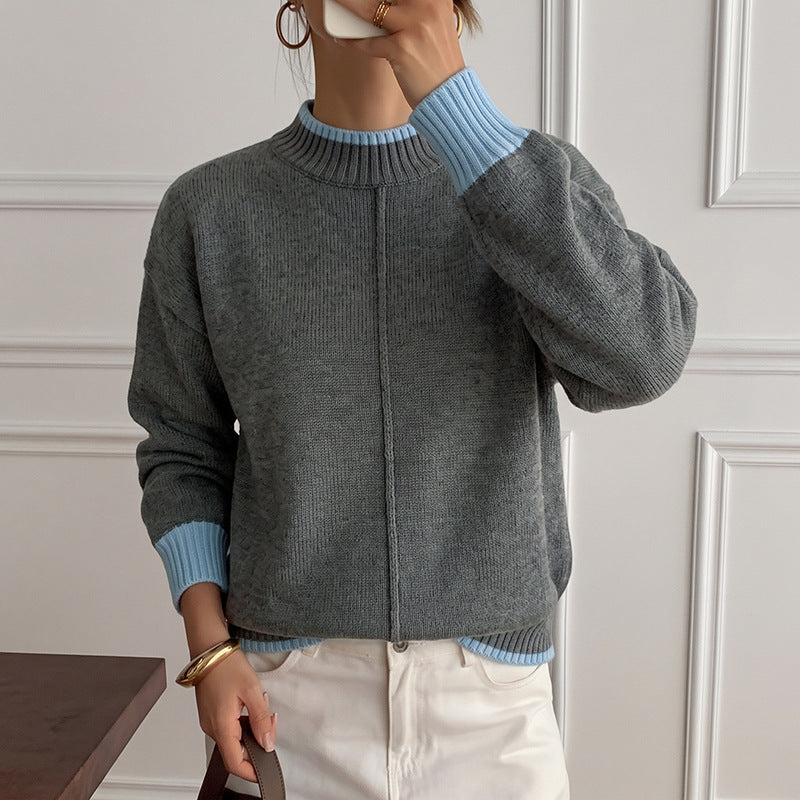 Oversized Color Block Mock Neck Pullover Sweater