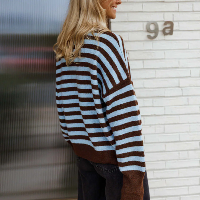 Oversized Striped Color Block Crewneck Knit Sweater