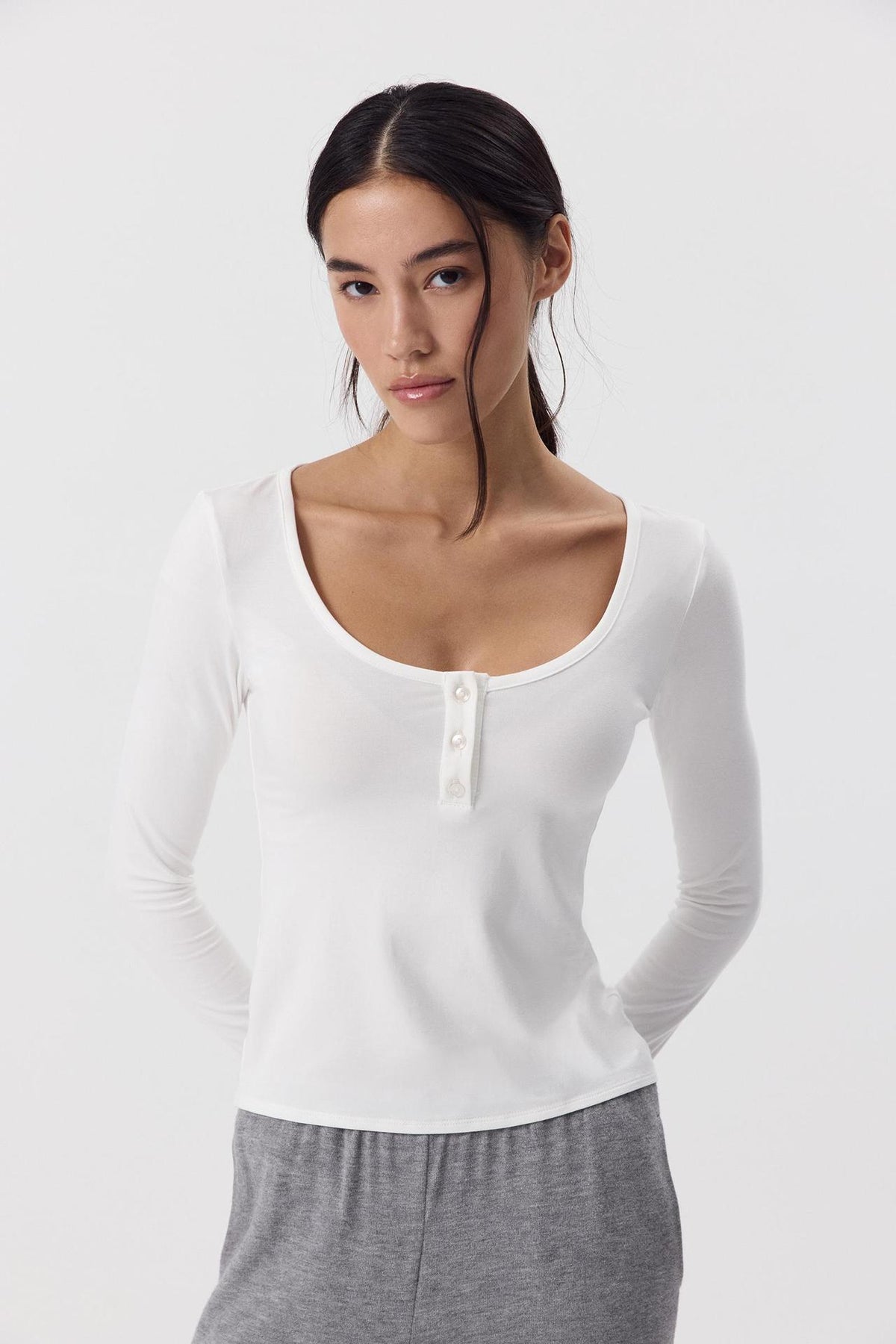 Women's Soft Modal Long Sleeve U-Neck Button Fitted Top