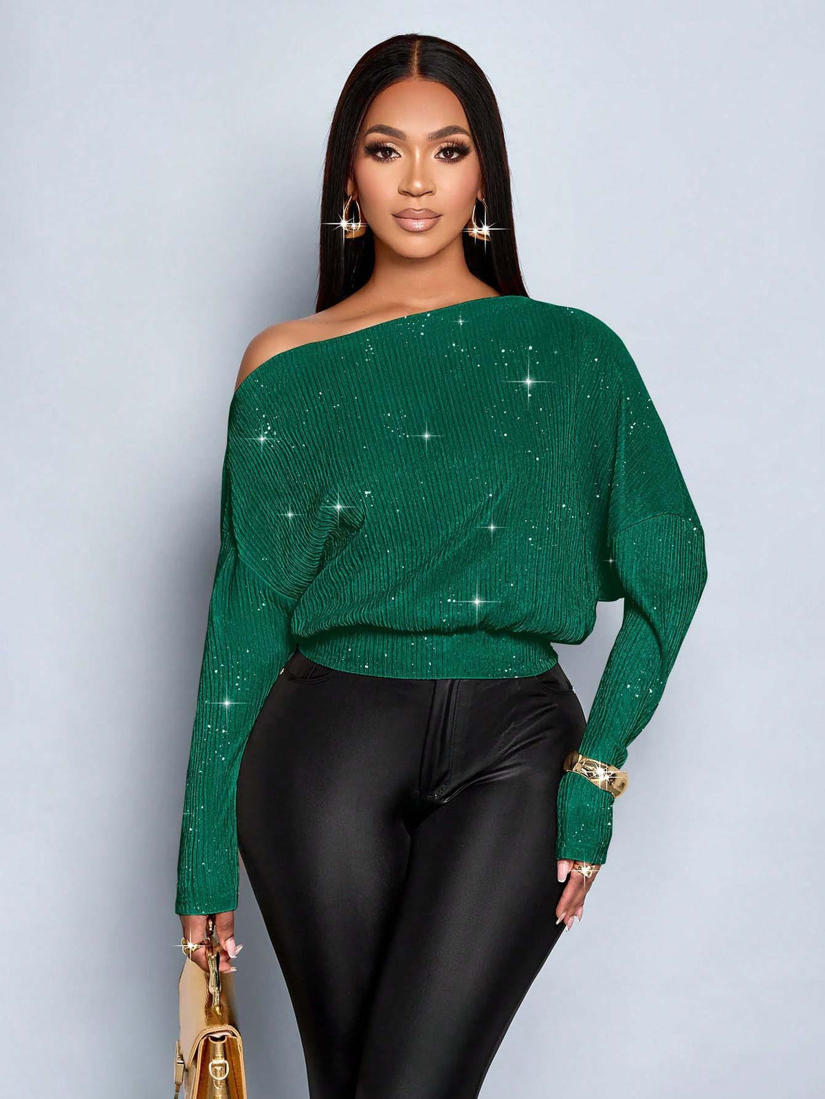 One Shoulder Glitter Batwing Sleeve Cinched Waist Knit Top