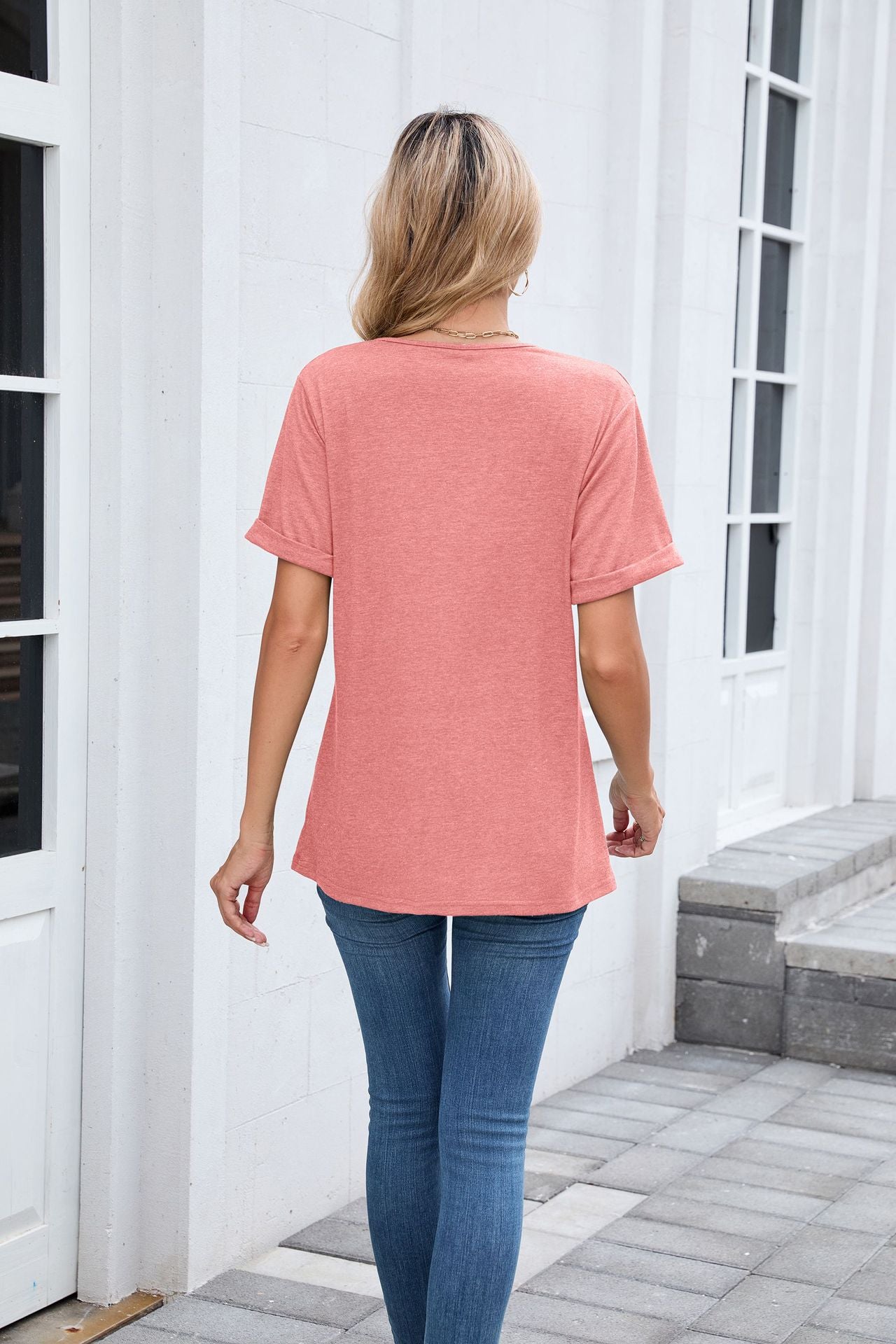 V Neck Basic Tee Short Sleeve Casual Loose Fit Top