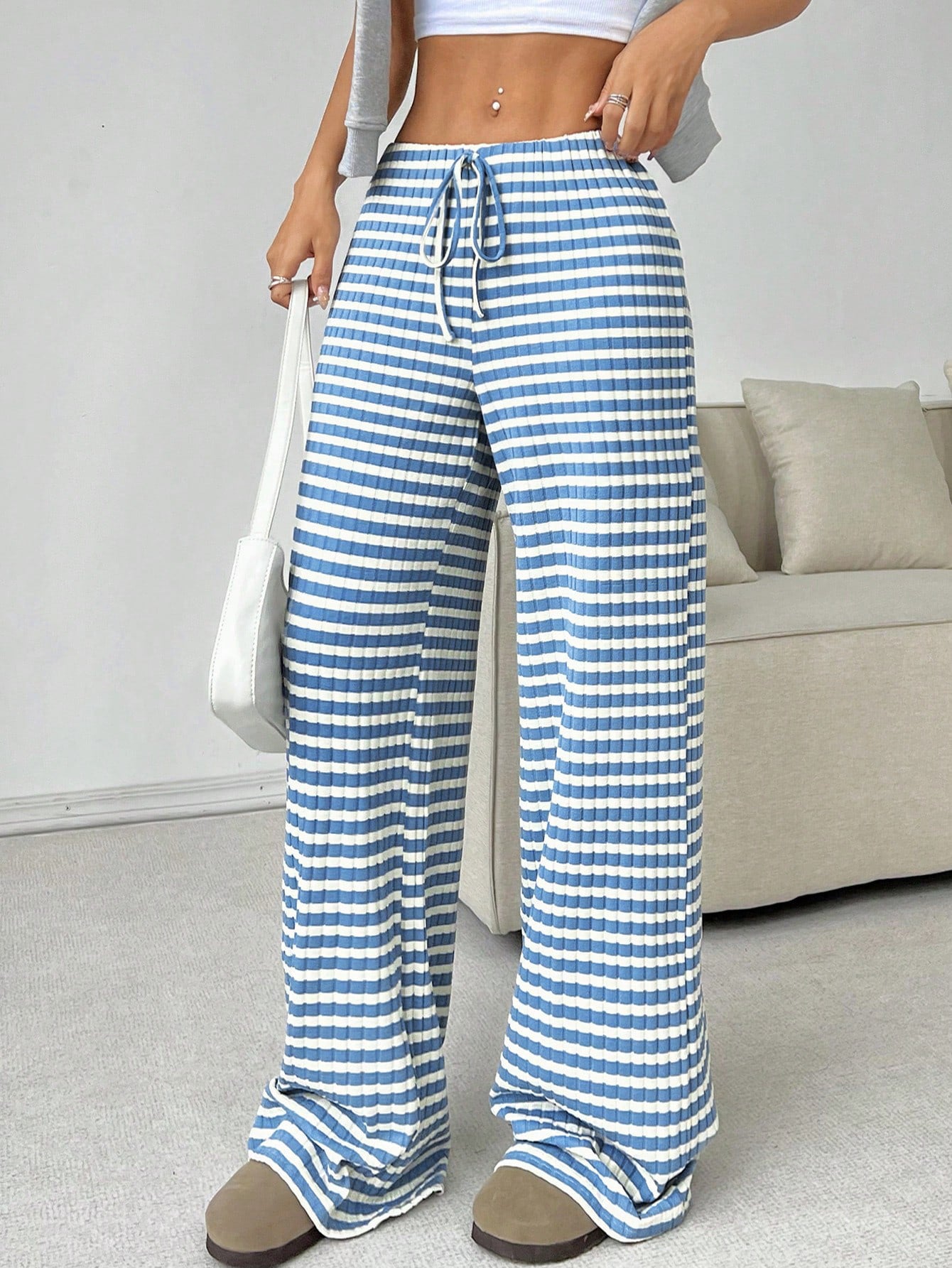Women’s Striped Wide Leg Lounge Pants Drawstring Casual