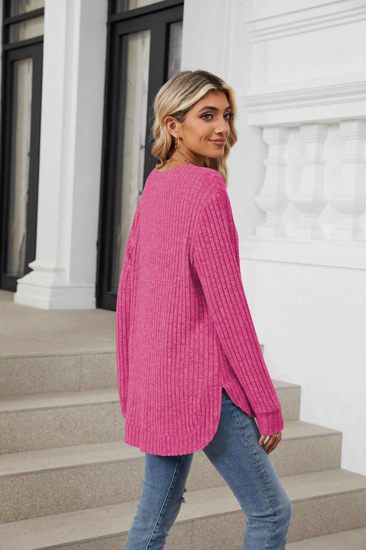 Solid Color Round Neck Long-sleeved Polished Loose T-shirt