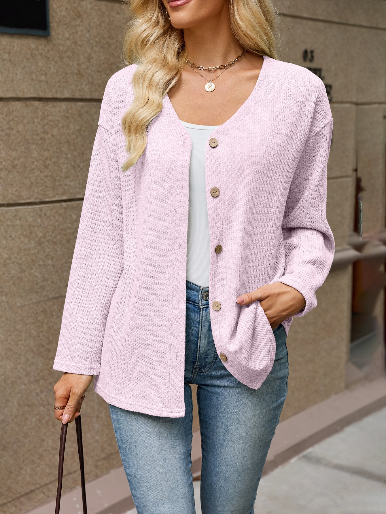 Women's Long Sleeve V Neck Button Front Loose Knit Cardigan