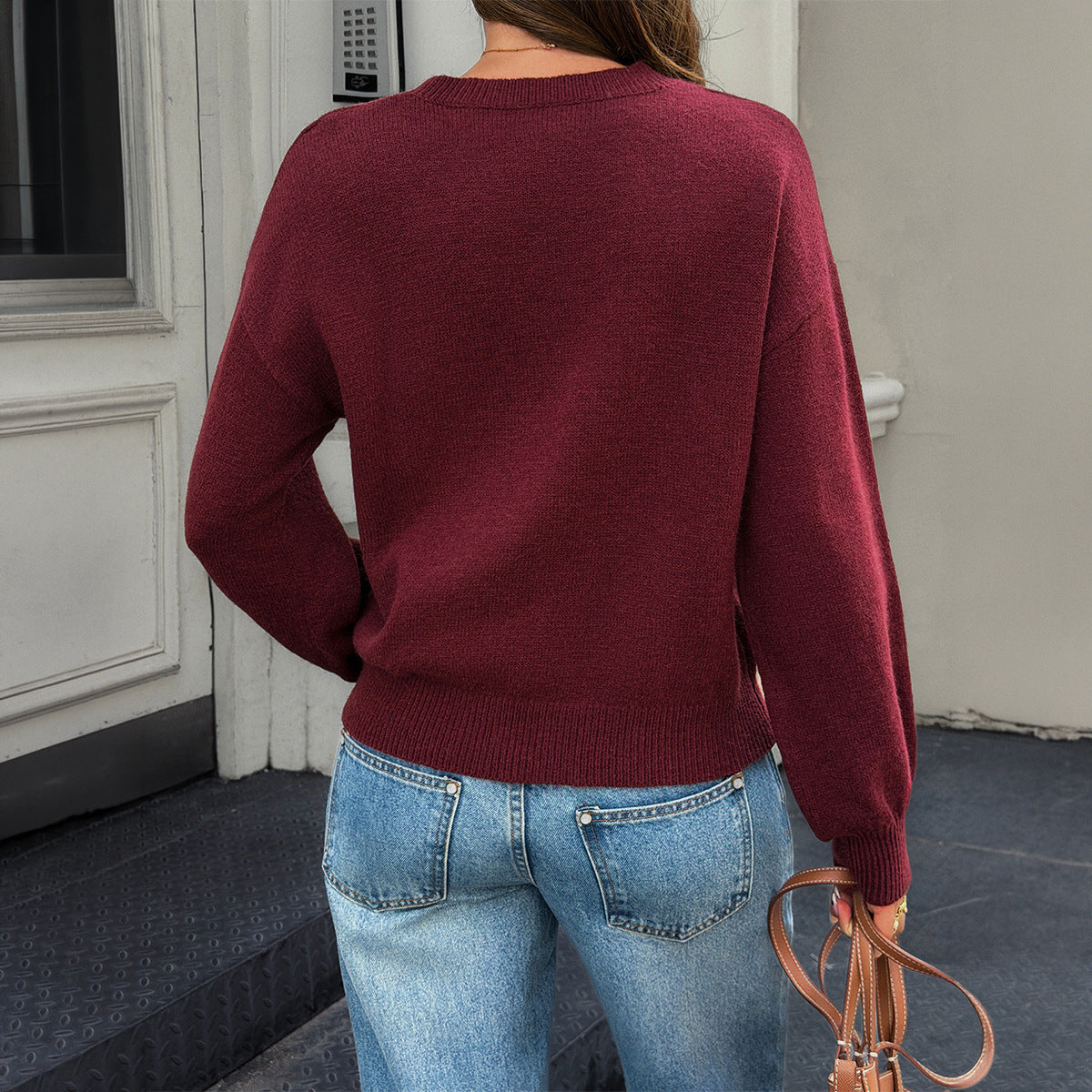 Oversized Burgundy Crewneck Sweater Drop Shoulder