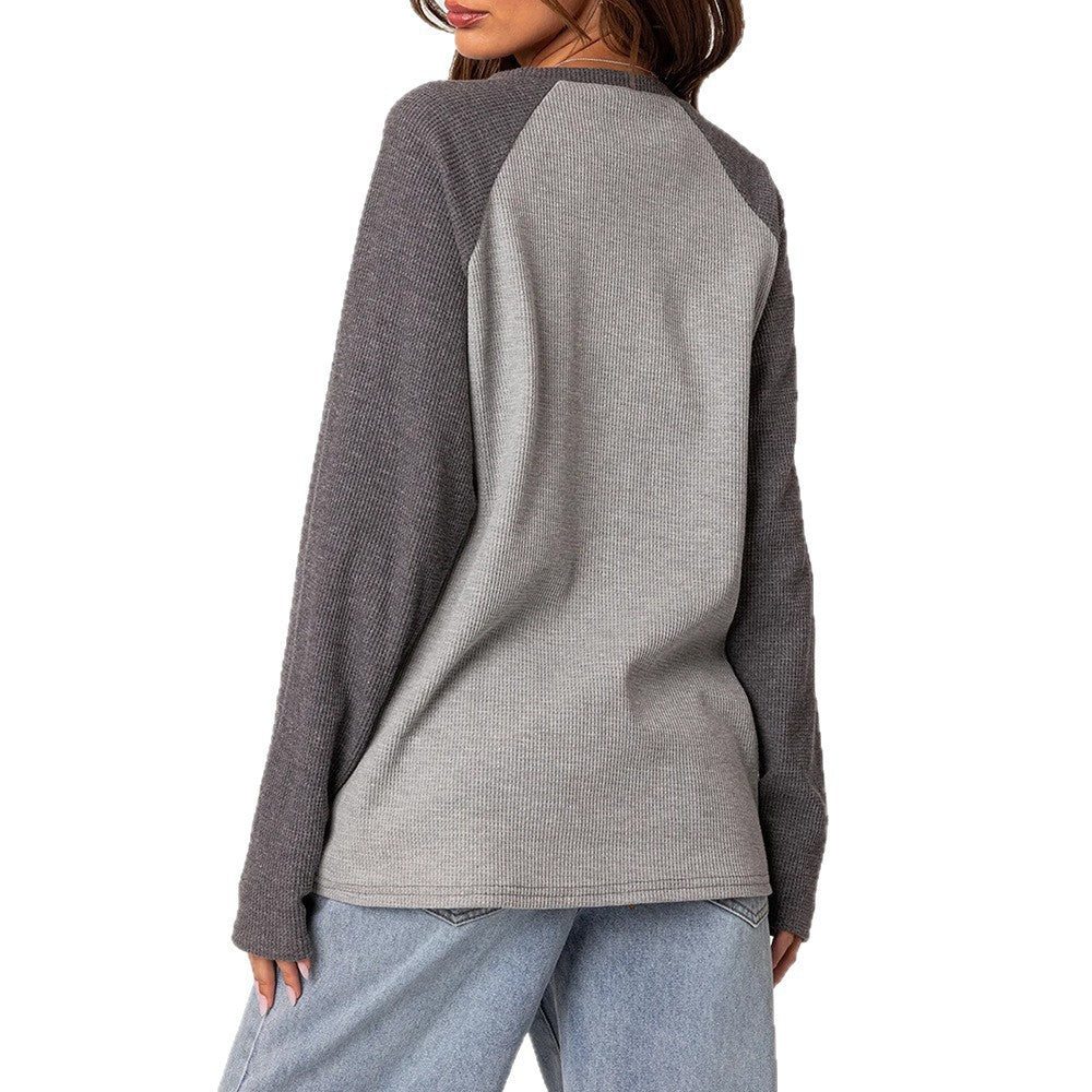 Colorblock Raglan Sleeve Waffle Knit Top