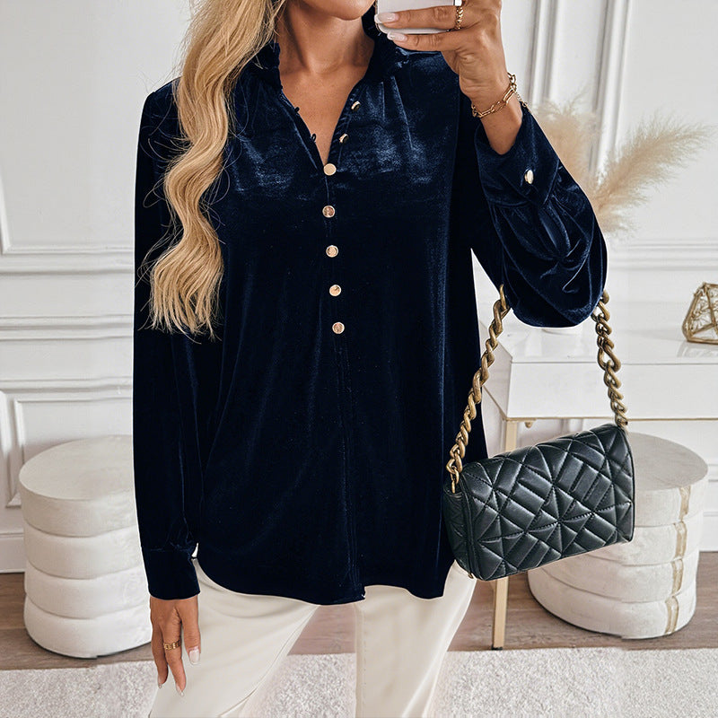 Velvet V Neck Button Down Long Sleeve Elegant Blouse