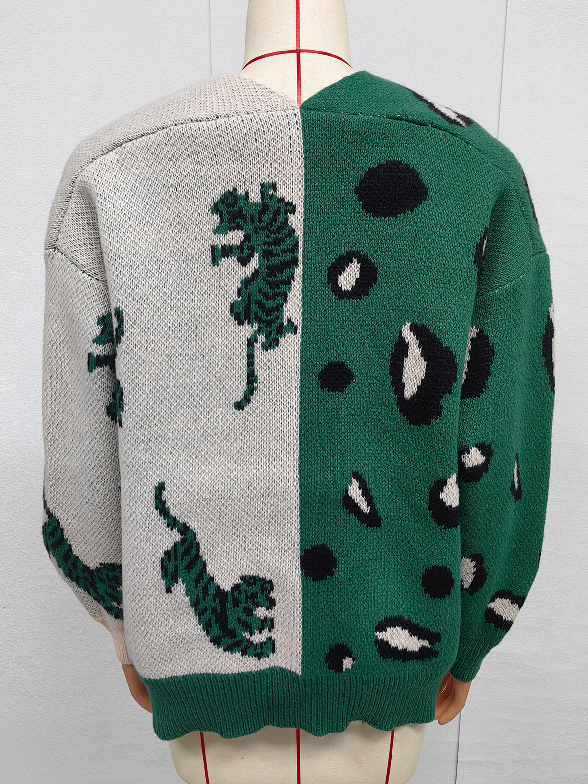 Color Block Leopard Print V-Neck Button Cardigan Sweater