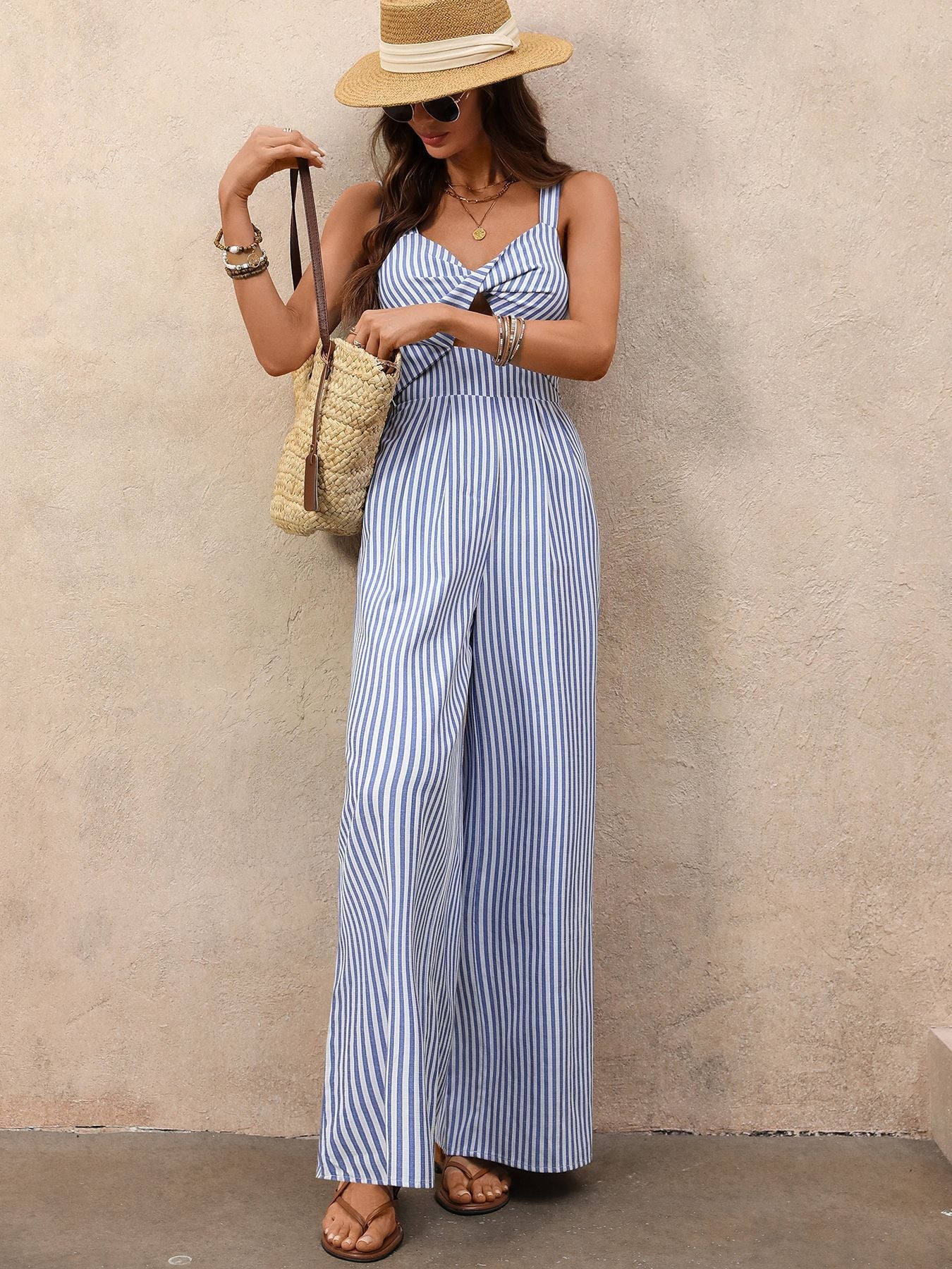Striped Cutout Wide Leg Jumpsuit Sleeveless Summer