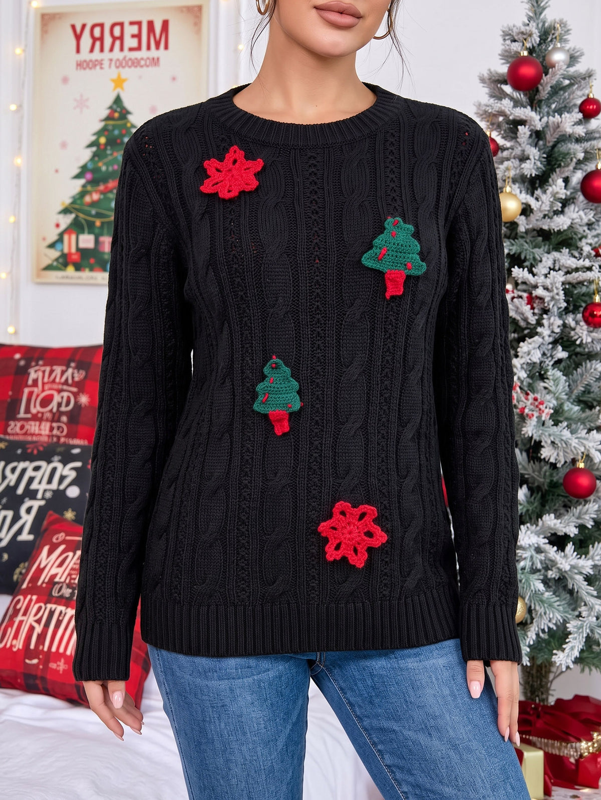 Women's Christmas Tree Snowflake Cable Knit Sweater
