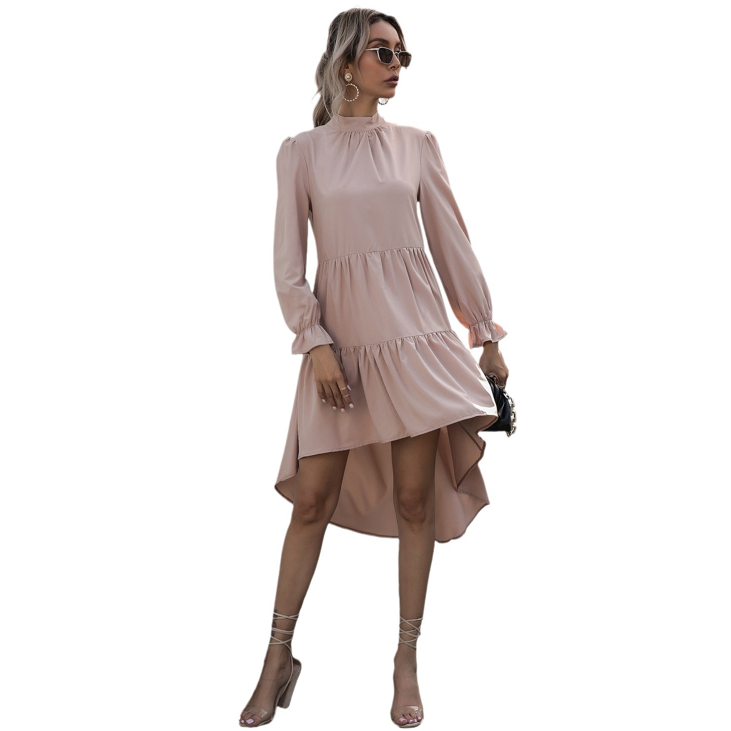 Women's High Neck Long Sleeve Asymmetrical Hem Dress