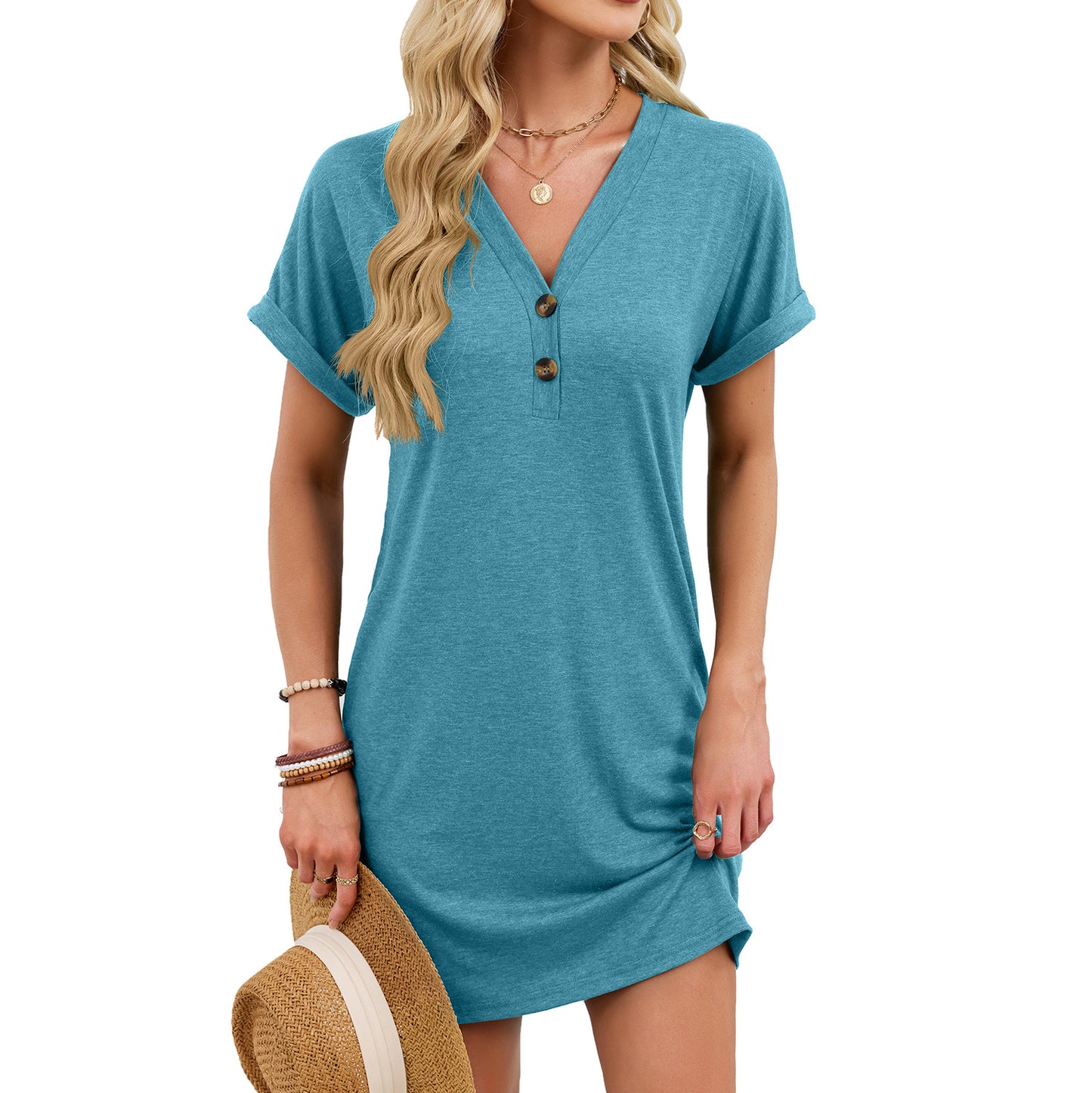 Casual V-Neck Short Sleeve Button Mini T-Shirt Dress
