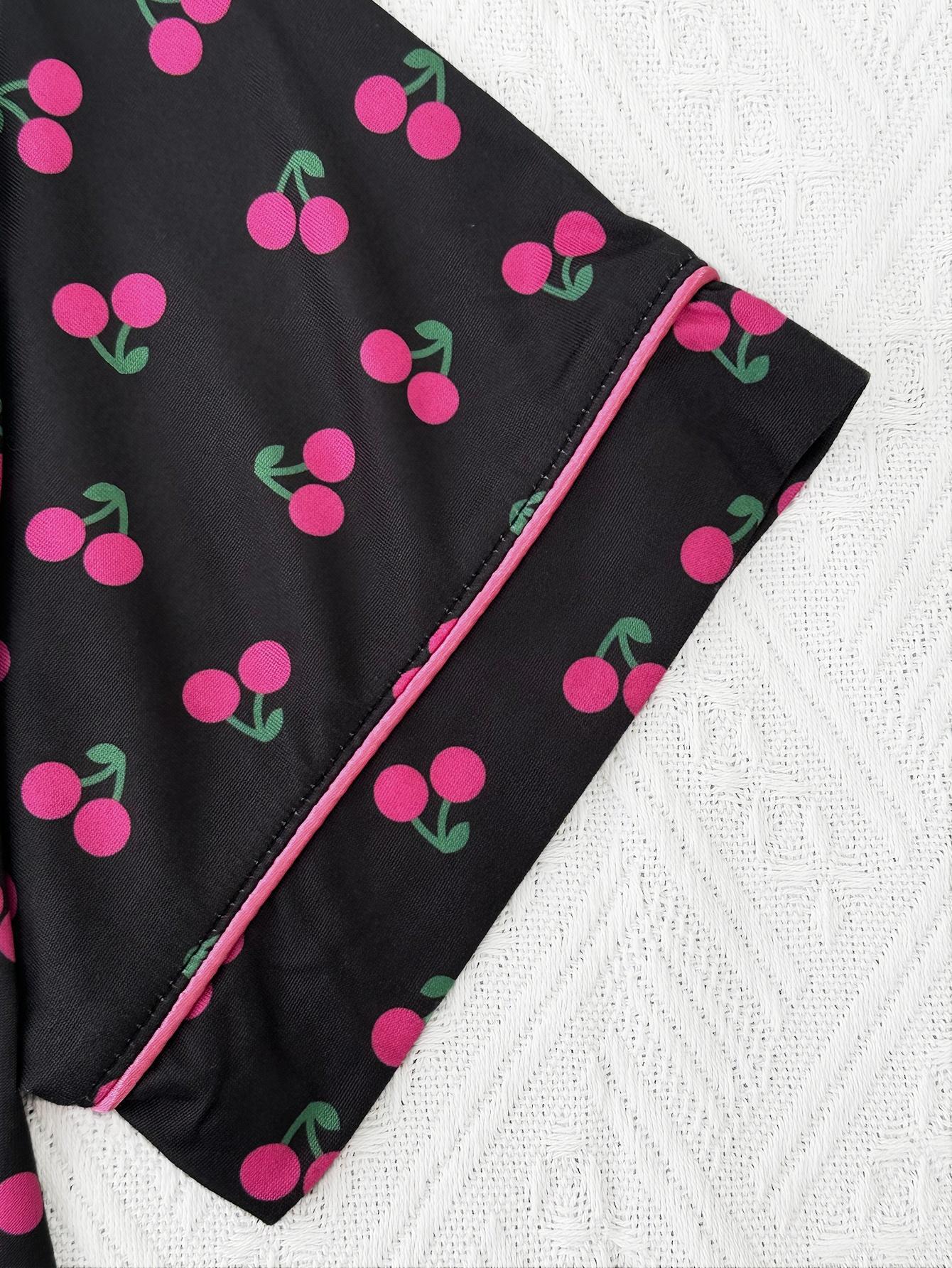 Cherry Print Short Sleeve Button Pajama Set for Women