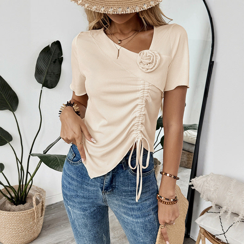 Chic Solid Color Drawstring Short Sleeve V-Neck Top