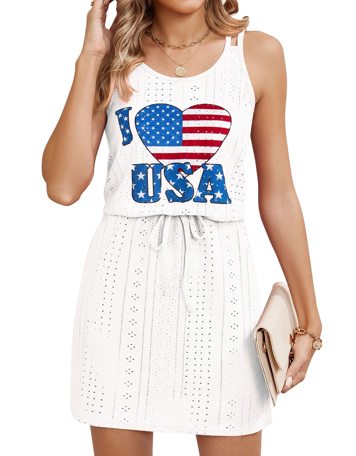 Eyelet Lace Sundress Resort Sleeveless Drawstring Waist