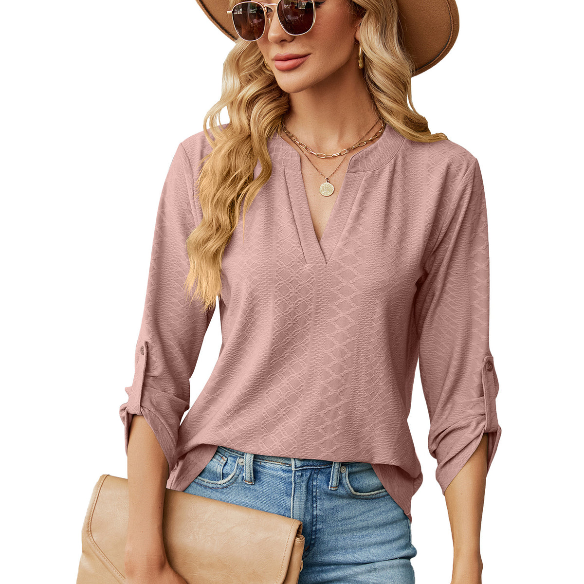 Women's V Neck 3/4 Sleeve Button Loose Fit Blouse Top
