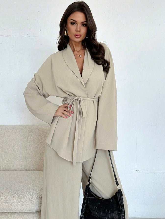 Two Piece Pants Set Wide Leg Belted Blazer Outfit