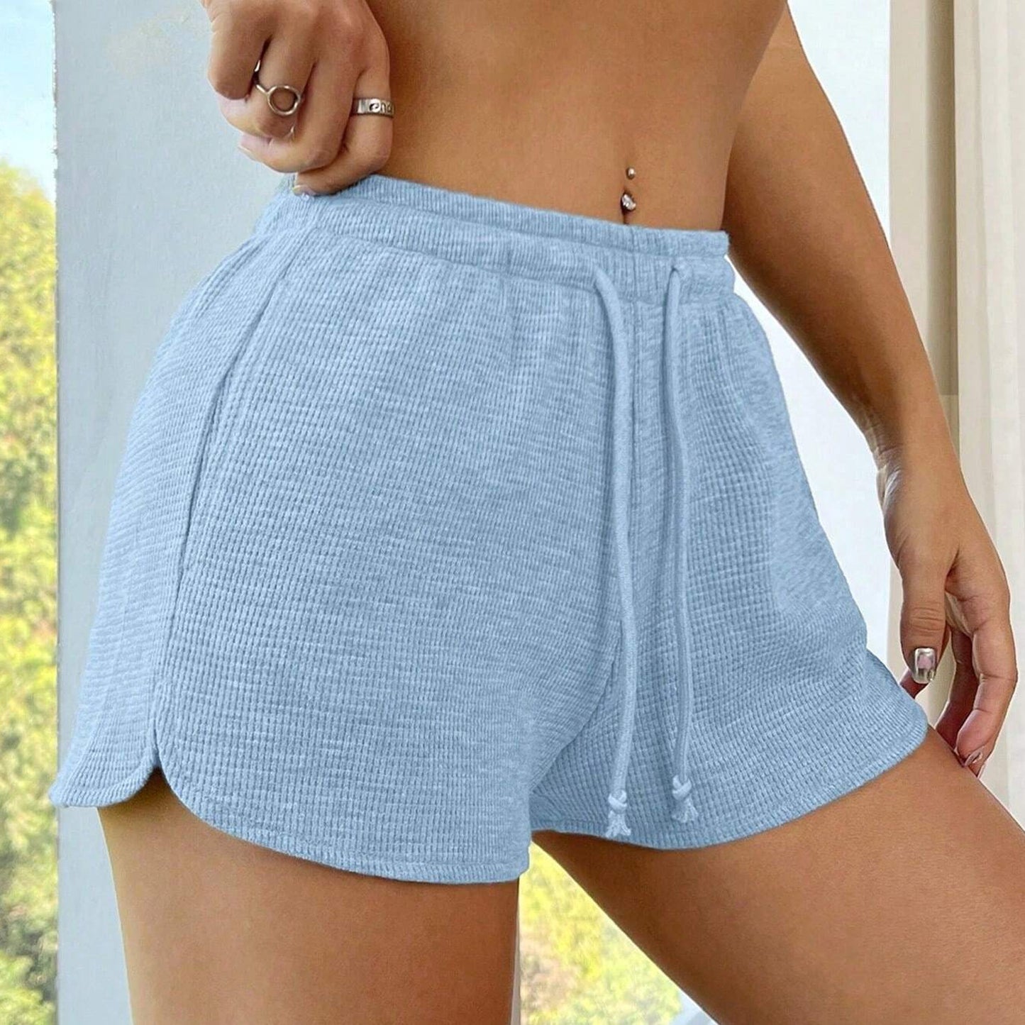 Textured  Shorts Lounge Drawstring Elastic Waist