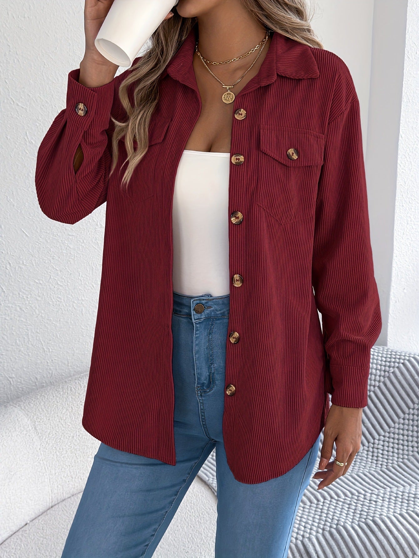 Corduroy Shacket Button Front Relaxed Fit