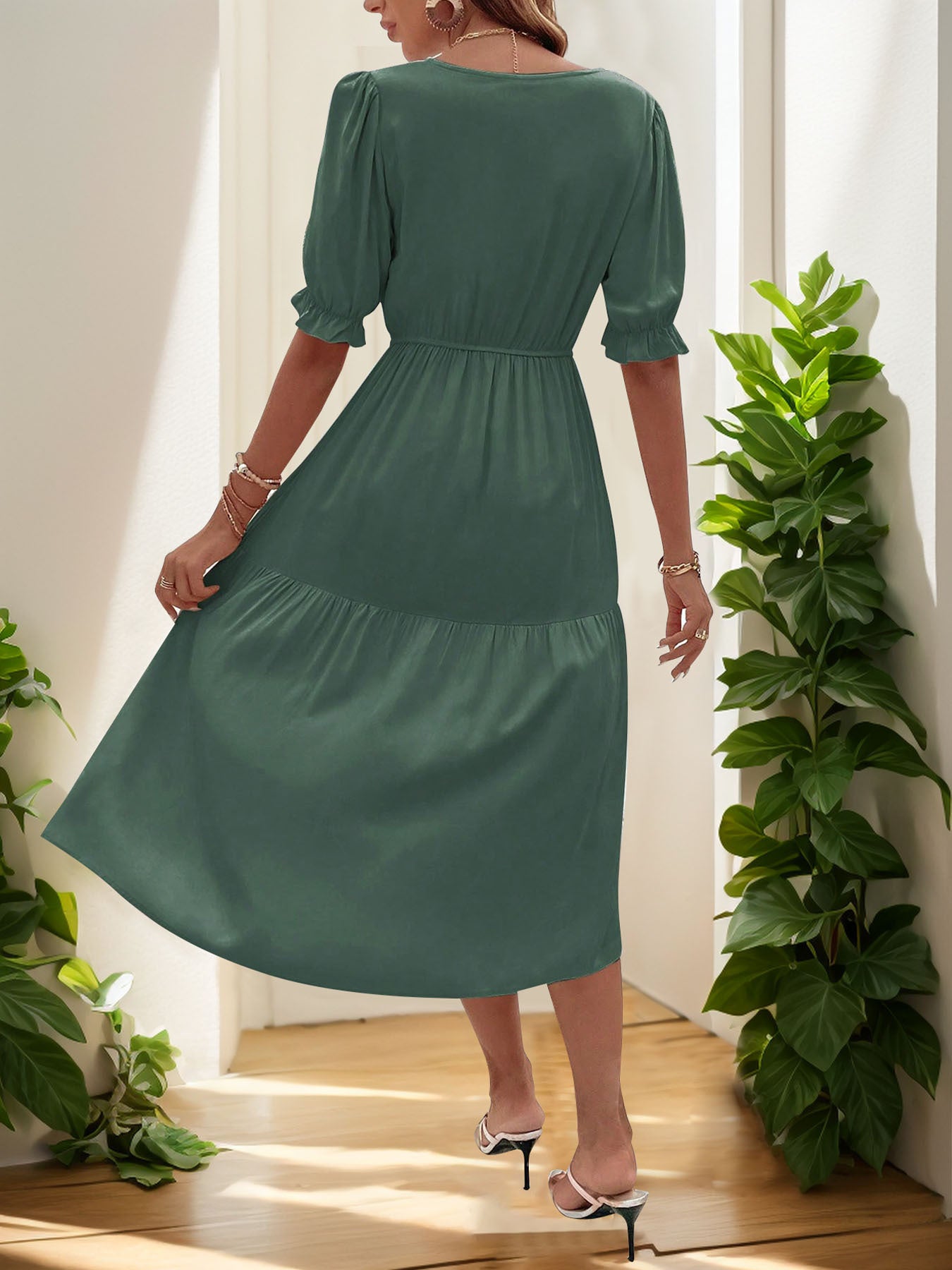 High Waist Solid Color Casual Midi Dress for Women