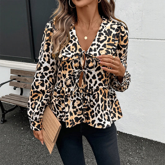 Leopard Print Tie-Front Babydoll Blouse with Peter Pan Collar