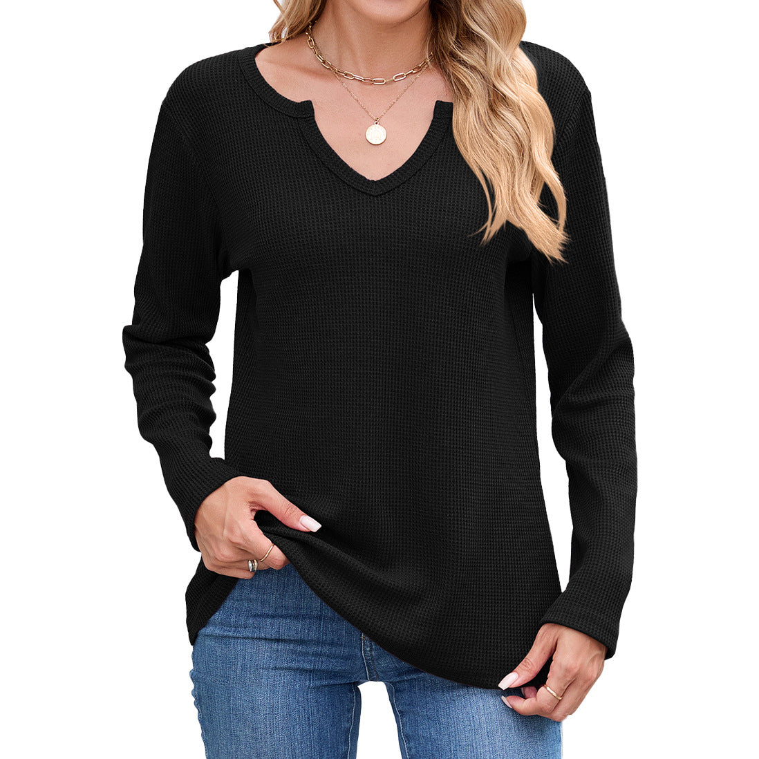 Women's Waffle Knit V Neck Long Sleeve Loose Top