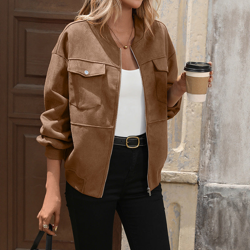 Baseball Collar Suede Casual Jacket with Zip Pockets