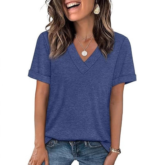 V Neck Basic Tee Short Sleeve Casual Loose Fit Top