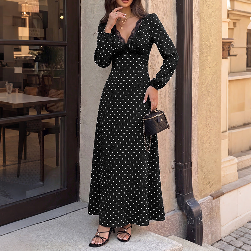 Black Polka Dot Maxi Dress Lace V-Neck Tie Long Sleeve