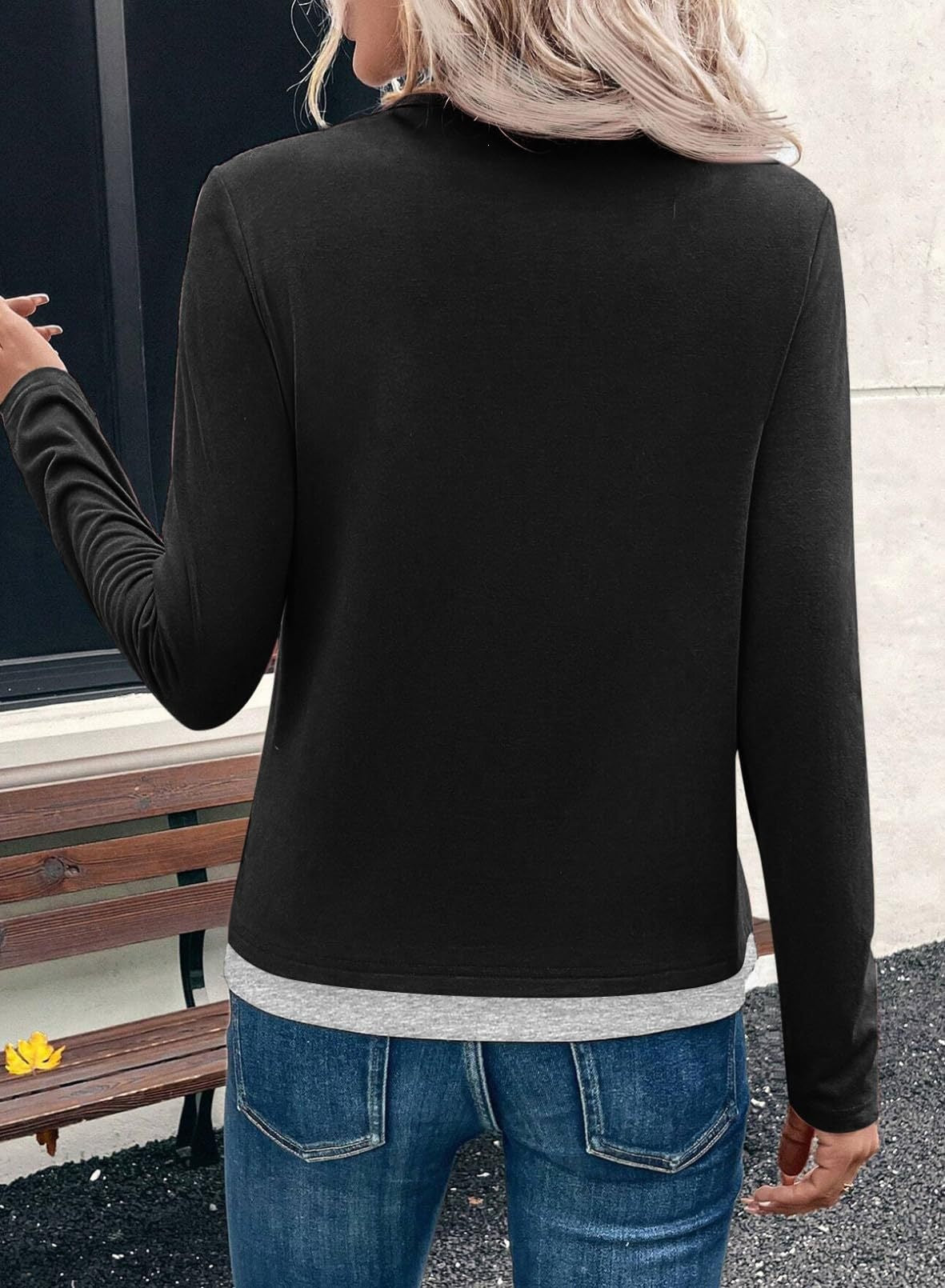 Color Block Long Sleeve Top Layered Look Casual Tee