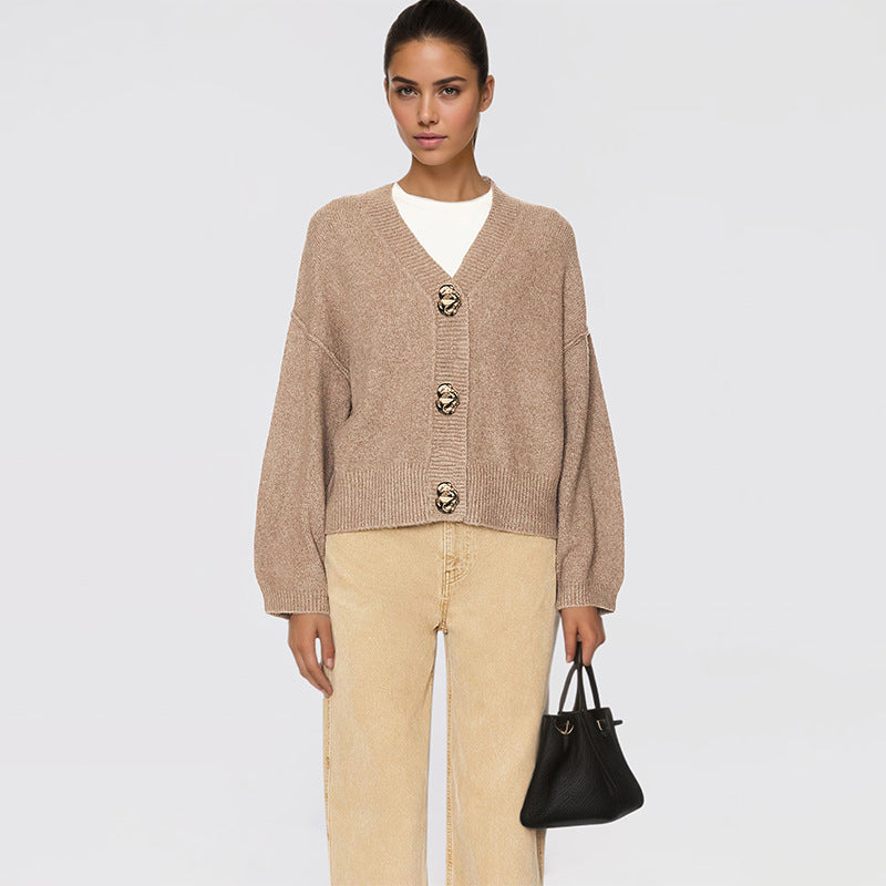 Womens Chunky V Neck Cardigan Statement Button Sweater
