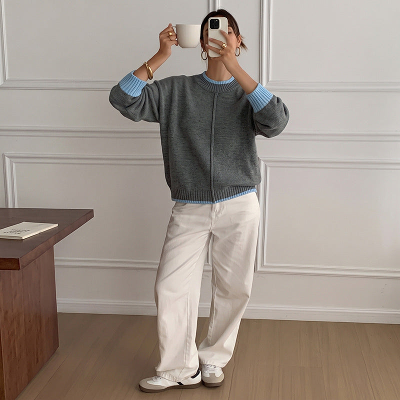 Oversized Color Block Mock Neck Pullover Sweater