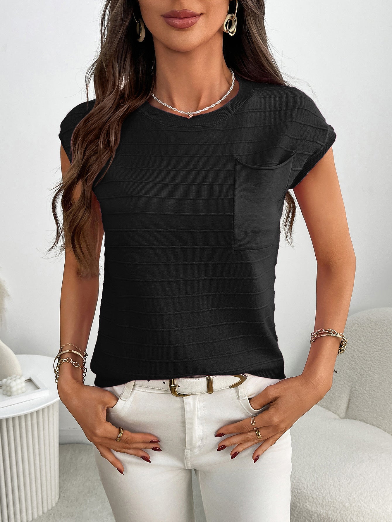 Striped Knit Short Sleeve Top with Pocket Casual Pullover