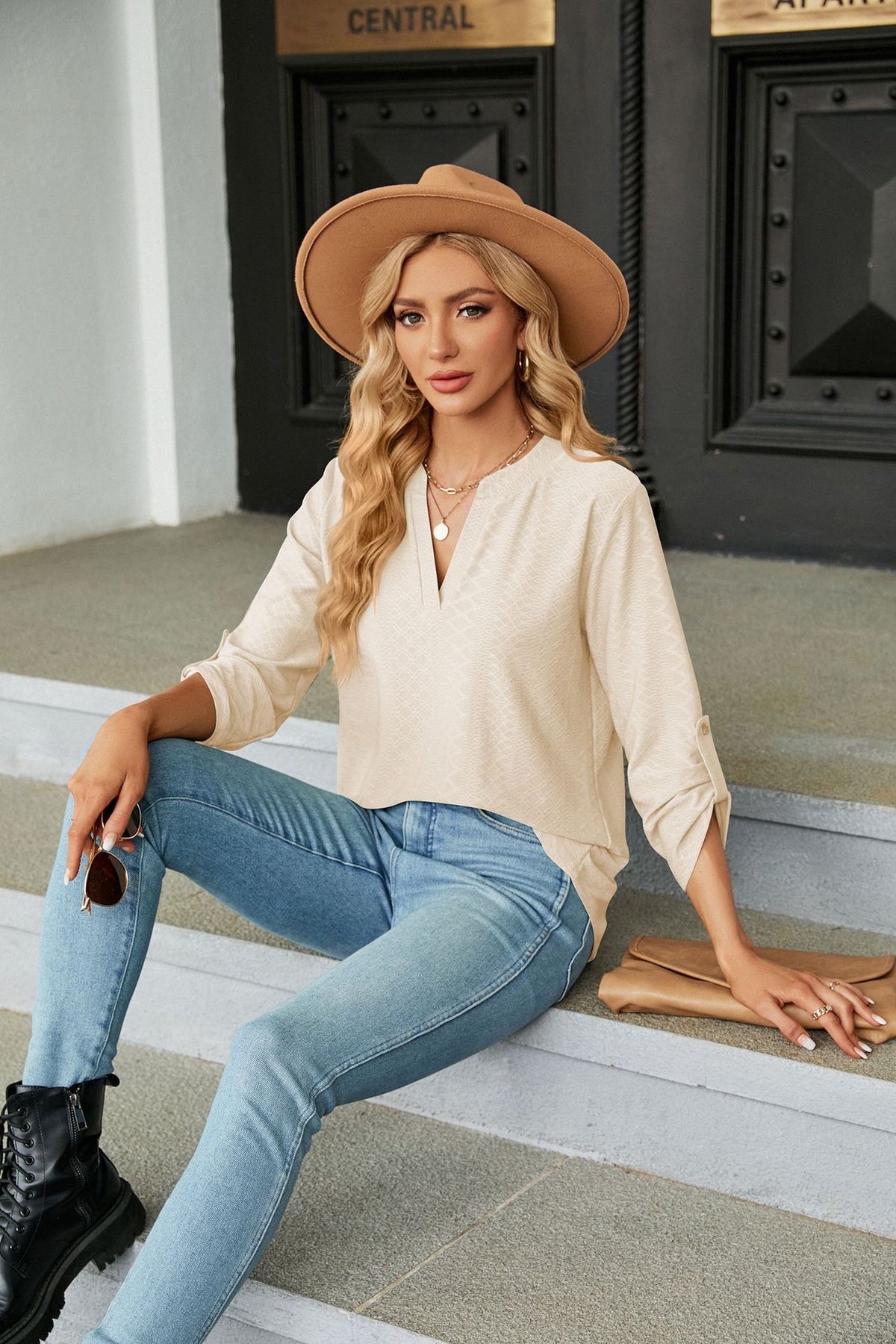 Women's V Neck 3/4 Sleeve Button Loose Fit Blouse Top