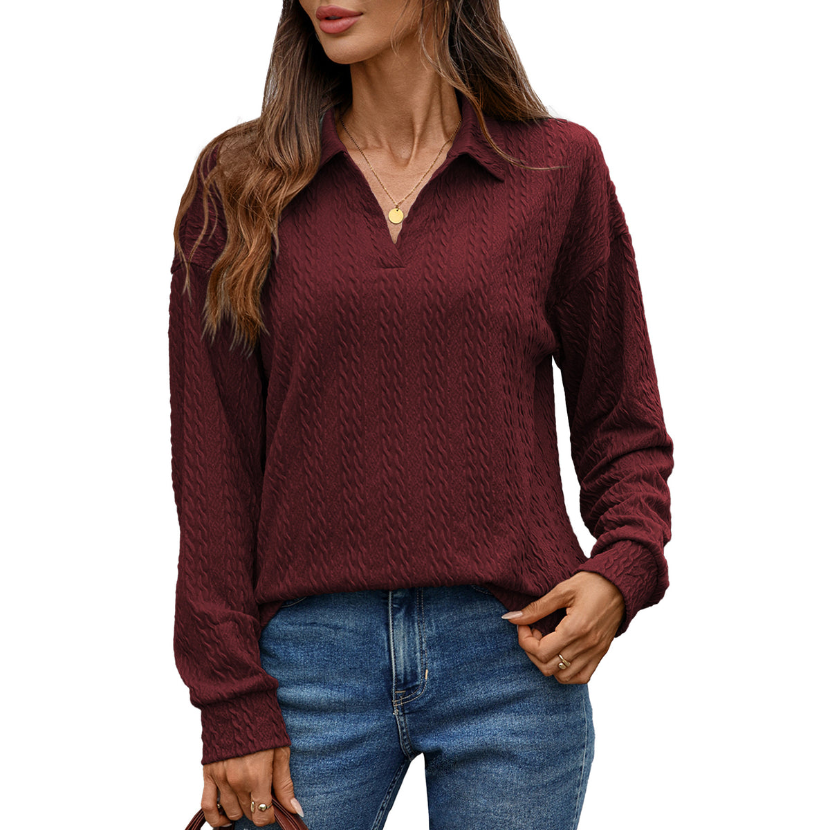 Women's Collared Long Sleeve Solid Pullover Top