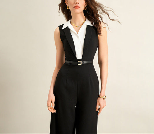 Black White Colorblock Sleeveless Wide Leg Jumpsuit