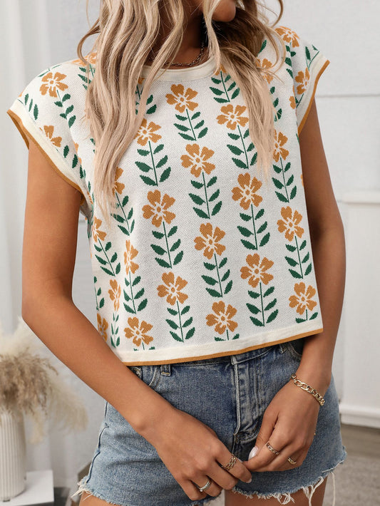 Retro Floral Knit Crop Top Short Sleeve Vintage Pullover Tee