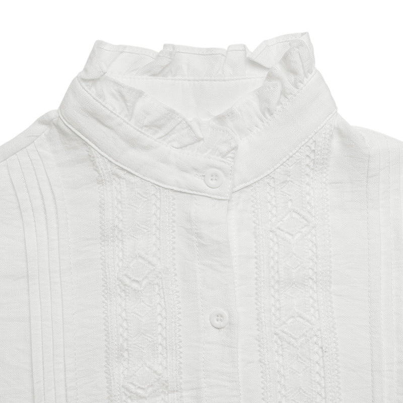 Ruffle Trim Stand Collar White Blouse Long Sleeve Top