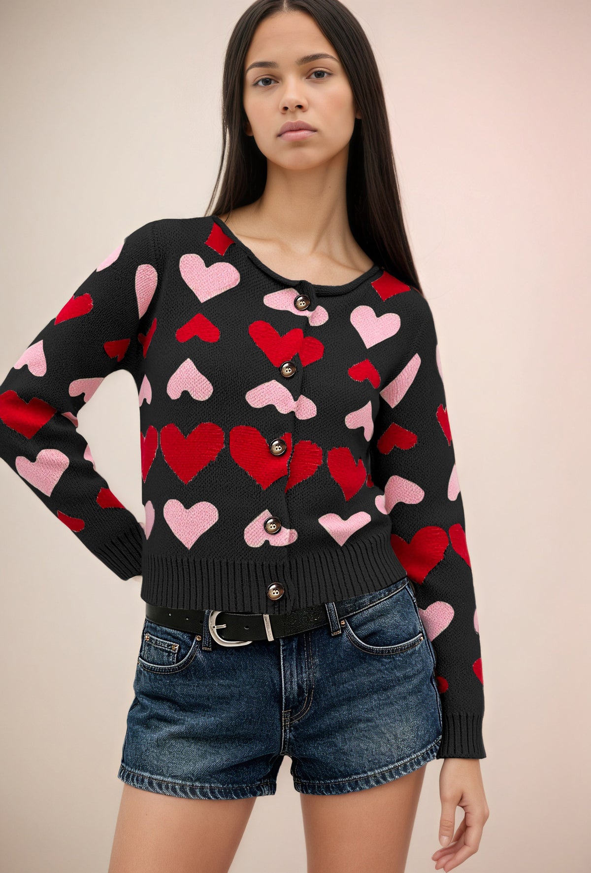 Women's Heart Print Button Front Knit Cardigan Sweater